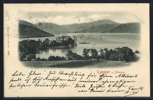 AK Kammer a. Attersee, Gebäude am See mit Bergpanorama
