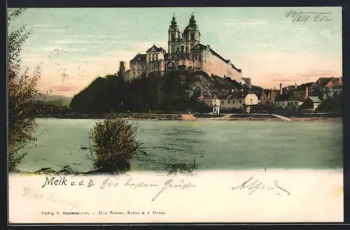 AK Melk a. d. D., Teilansicht mit Stift vom Wasser aus