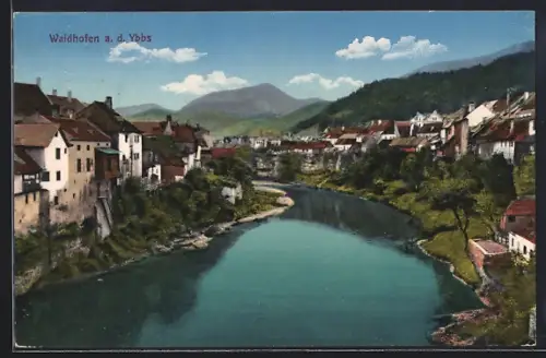 AK Waidhofen a. d. Ybbs, Flusspartie mit Bergpanorama