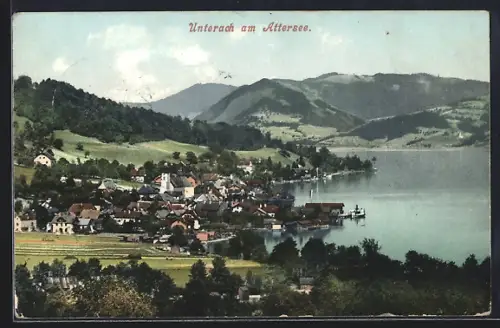 AK Unterach am Attersee, Gesamtansicht mit See und Bergen