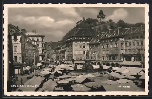 AK Graz,  Platz mit Marktbetrieb u. Uhrturm