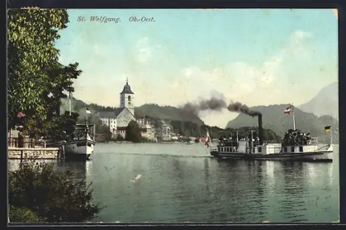 AK St. Wolfgang, Wasserpartie mit Dampfer