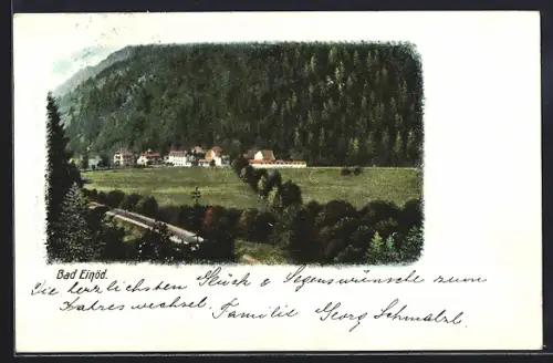 AK Bad Einöd, Ortsansicht mit Bahnstrecke