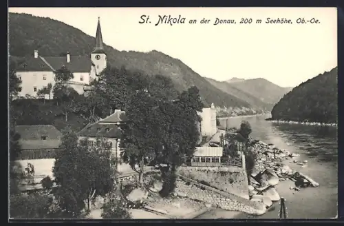 AK St. Nikola an der Donau, Flusspartie mit Kirche