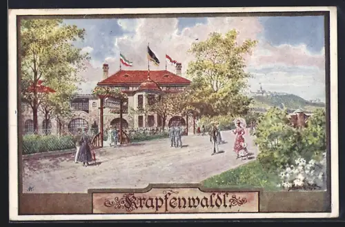 Künstler-AK Kränzle: Wien, Gasthaus Krapfenwaldl in der Strassenansicht