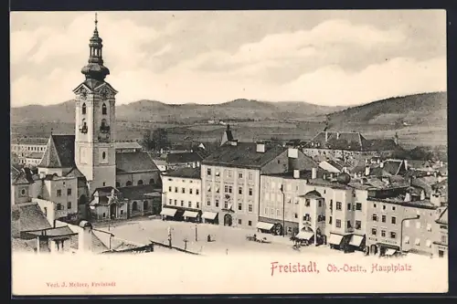 AK Freistadt /Ob.-Oestr., Hauptplatz mit Geschäften und Kirche