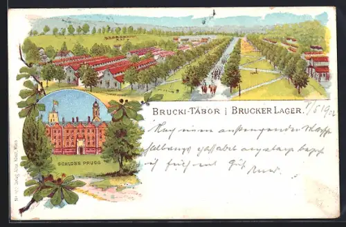 Lithographie Brucker Lager, Schloss Prugg, Ortsansicht