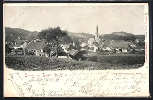 AK Zwettl, Ortsansicht mit Kirche und Felder