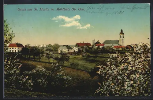 AK St. Martin im Mühlkreis, Ortspartie mit Kirche