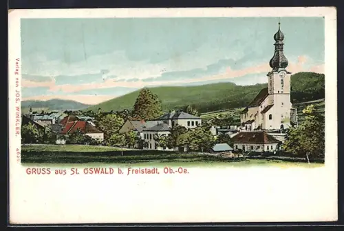 AK St. Oswald b. Freistadt, Ortspartie mit Kirche
