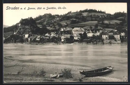AK Struden /Donau, Flusspartie mit Ortskern