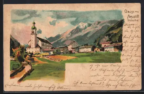 Lithographie Neustift / Stubaithal, Teilansicht