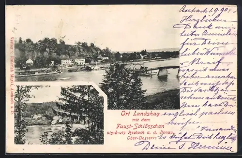 AK Feldkirchen an der Donau, Landshaag, Panorama mit Gasthaus Faust-Schlösschen, Uferpartie
