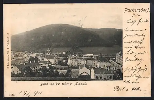 AK Purkersdorf /N.-Oe., Blick von der schönen Aussicht mit Kirche