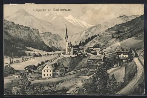 AK Heiligenblut, Panorama mit Glocknerstrasse, Volksschule