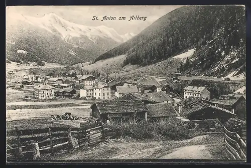 AK St. Anton am Arlberg, Teilansicht mit Bergen