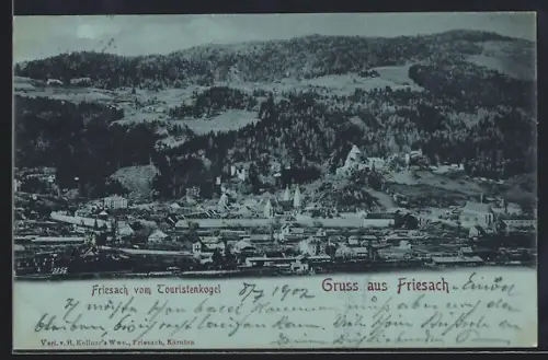 Mondschein-AK Friesach, Teilansicht mit Kirche