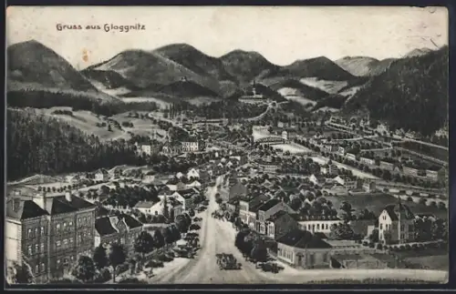 Künstler-AK Gloggnitz, Teilansicht mit Strassenpartie