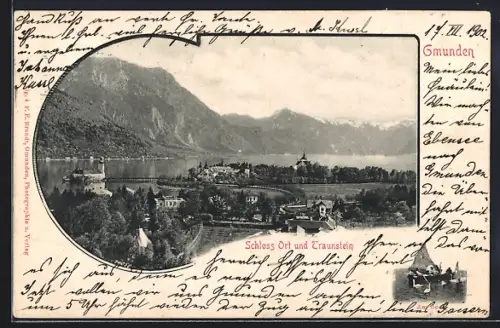 AK Gmunden, Schloss Ort und Traunsee, Segelboot auf dem See