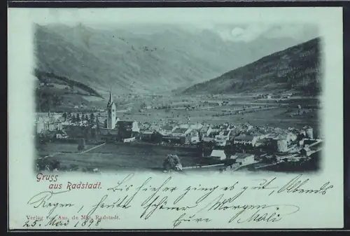 Mondschein-AK Radstadt, Teilansicht mit Kirche