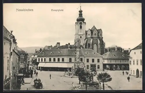 AK Neunkirchen, Hauptplatz mit Kirche und Denkmal