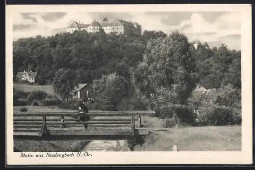 AK Neulengbach /N.-Oe., Schloss und Mann auf Brücke