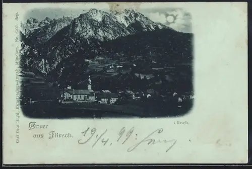 Mondschein-AK Flirsch, Ortspartie mit Bergen