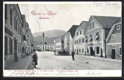 AK Weyer, Marktplatz mit Kirche im Hintergrund