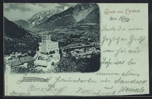 Mondschein-AK Landeck, Panorama mit Burg