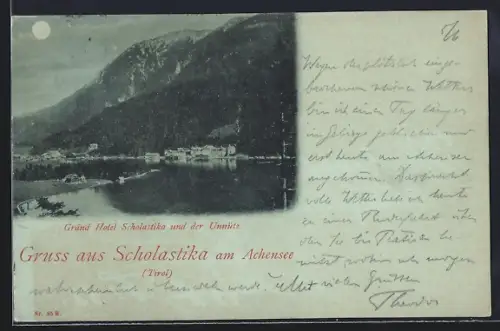 Mondschein-AK Scholastika am Achensee, Grand Hotel Scholastika und der Unnütz