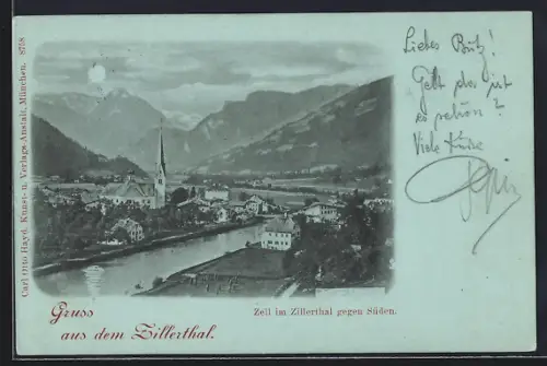 Mondschein-AK Zell im Zillerthal, Teilansicht mit Kirche gegen Süden