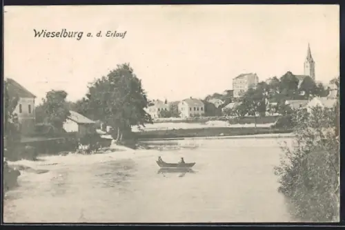 AK Wieselburg a. d. Erlauf, Panorama mit Kirche und Boot