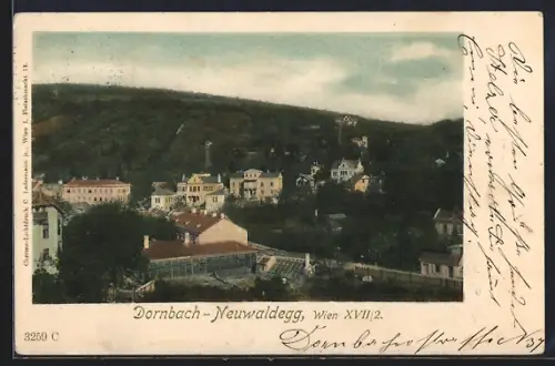 AK Wien, Dornbach-Neuwaldegg, Ortsansicht mit Strasse aus der Vogelschau