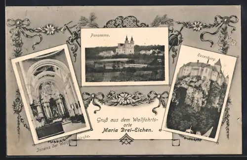 AK Rosenburg-Mold, Maria Drei Eichen, Panorama, Rosenburg und Inneres der Wallfahrtskirche