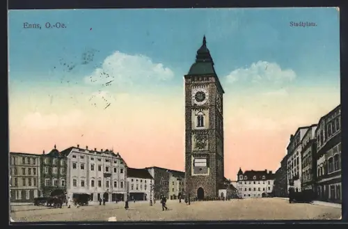 AK Enns, Urhturm auf dem Stadtplatz