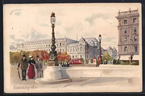 Lithographie Wien, Universität mit Strassenbahn und Passanten