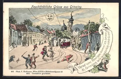 AK Wien, Grinzing, Strassenpartie aus der Sicht eines Betrunkenen