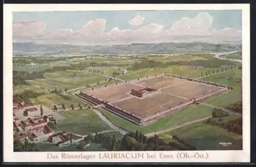 Künstler-AK Enns, Blick auf das Römerlager Lauriacum