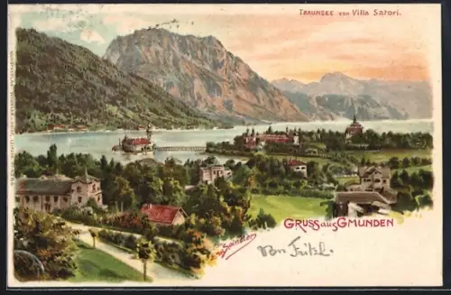 Künstler-AK Erwin Spindler: Gmunden, Traunsee von der Villa Satori gesehen