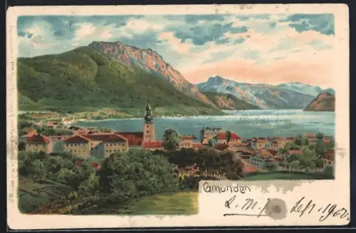 Lithographie Gmunden, Ortsansicht mit Berglandschaft