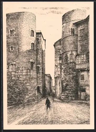 Künstler-AK Barcelona, Plaza Nueva, Torres de la muralla romana