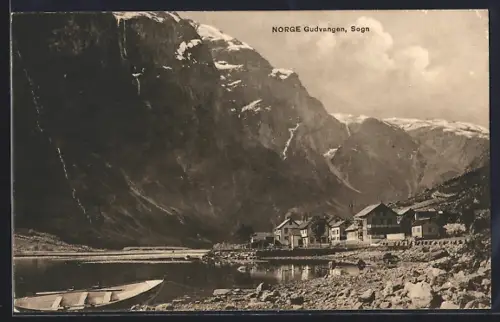 AK Gudvangen /Sogn, Uferpartie mit Ruderboot