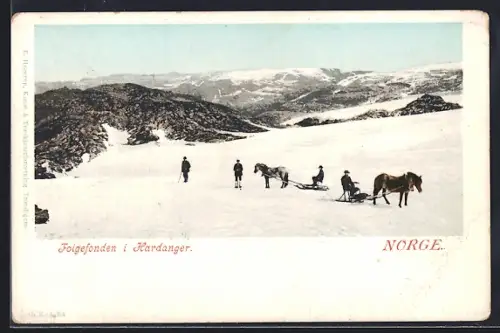 AK Folgefjonden i Hardanger, Pferdeschlitten im Gebirge
