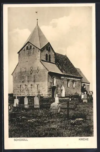 AK Schobüll / Husum, Kirche mit Friedhof