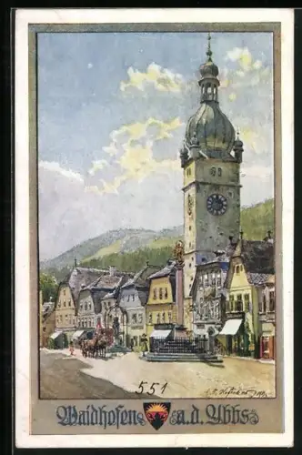 Künstler-AK E. F. Hofecker: Waidhofen a. d. Ybbs, Strassenpartie mit Uhrturm und Mariensäule