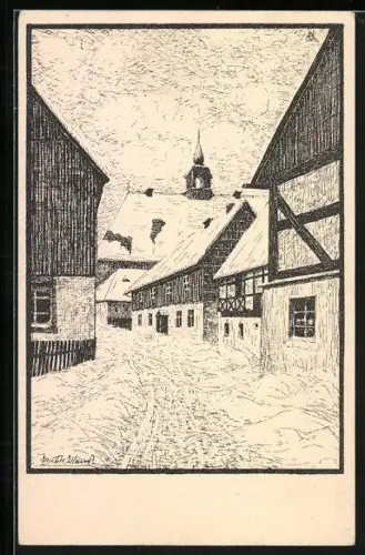 Künstler-AK Katharinaberg i.Böhm., Strassenpartie mit Häusern, Und es betet die Not
