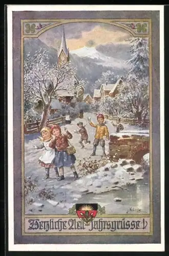 AK Deutscher Schulverein NR 1111: Kinder veranstalten eine Schneeballschlacht