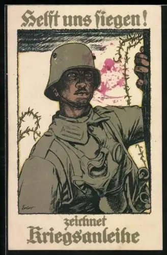 Künstler-AK Helft uns siegen! Zeichnet Kriegsanleihe, Sturmtruppler mit Stahlhelm und Gasmaske