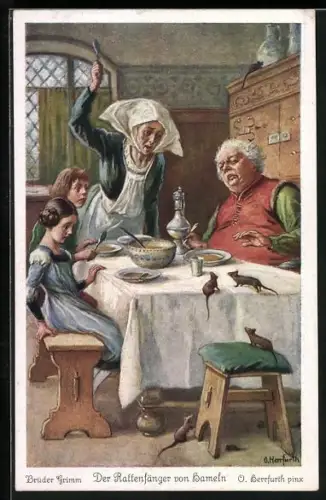 Künstler-AK Oskar Herrfurth: Der Rattenfänger von Hameln, Nr. 1, Rattenplage