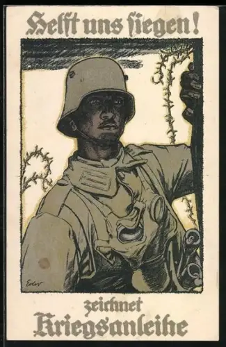 Künstler-AK Helft uns siegen! Zeichnet Kriegsanleihe, Sturmtruppler mit Stahlhelm und Gasmaske